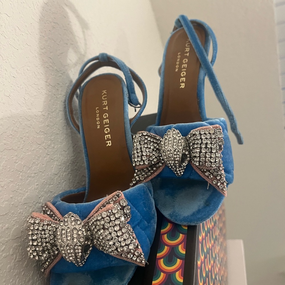 Kurt Geiger Blue Velvet Heels with Crystal Bow